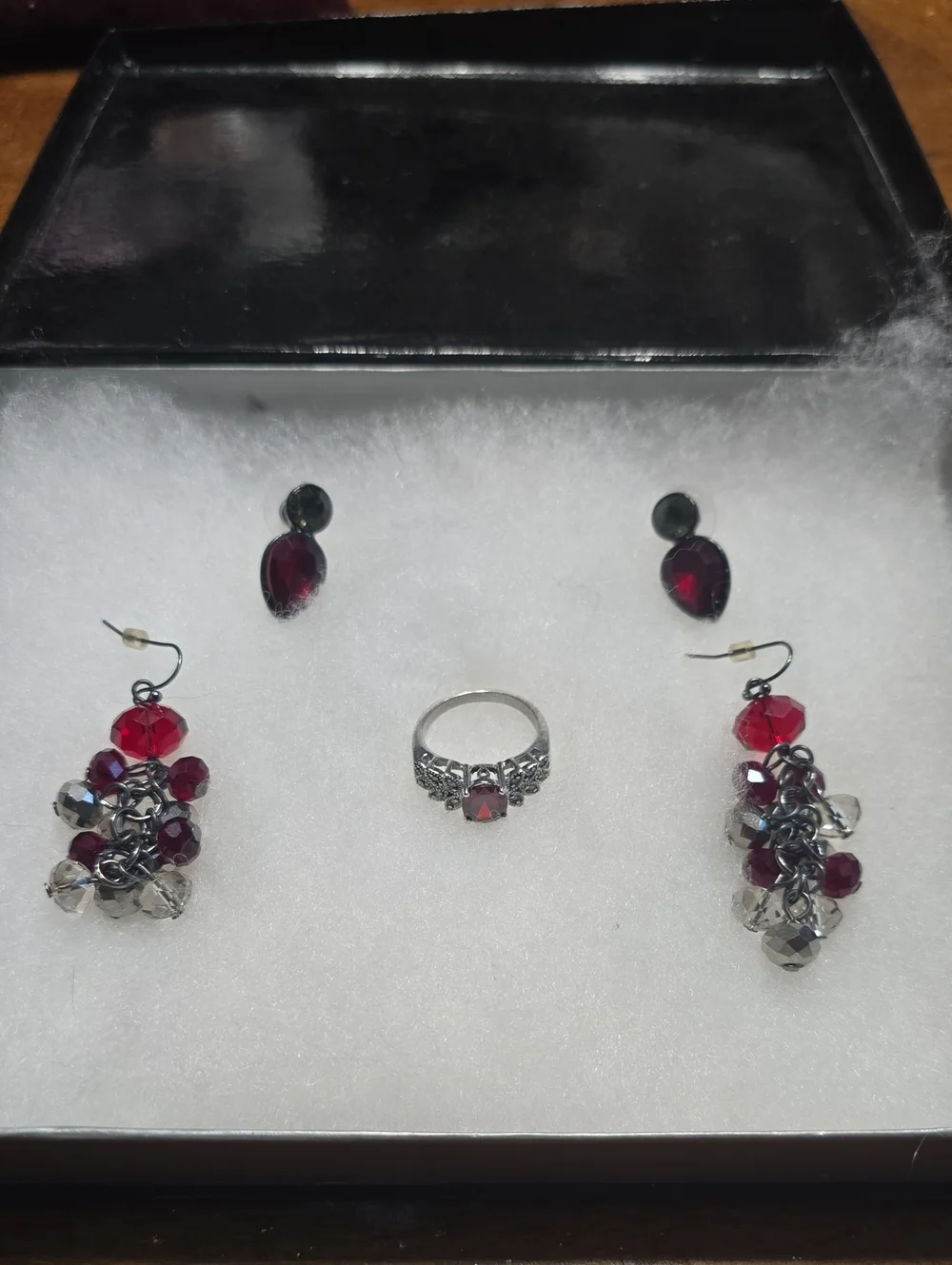 Red Crystal Cluster Earrings and Ring Set - Elegant Women's Jewelry Size 8